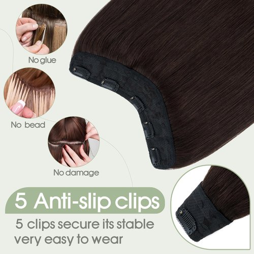S-noilite Clip in Hair Extensions Human Hair 5 Clips 3/4 Full Head V Part Weft Thicker Hair Lace Net One Piece Hair Extensions Clip in Human Hair (18"-70g,#02 Dark Brown)