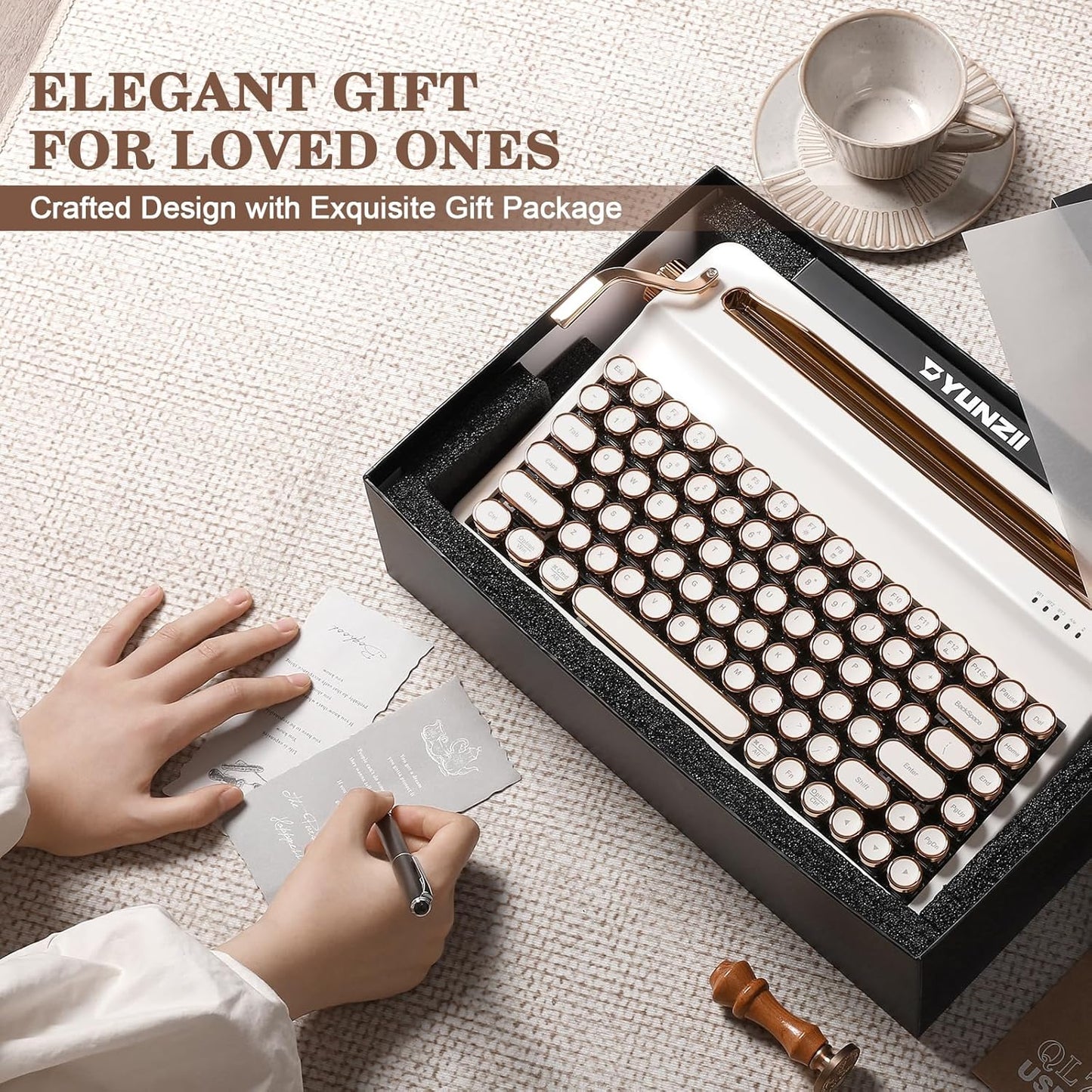 YUNZII QL75 Wireless Typewriter Hot Swap Retro Mechanical Keyboard,Punk Round Keycaps,RGB Backlit QMK/VIA Programmable, Multi-Device Keyboard with 2.4GHz/Type-C/BT5.0 (Wood, Cocoa Cream V2 Switch)