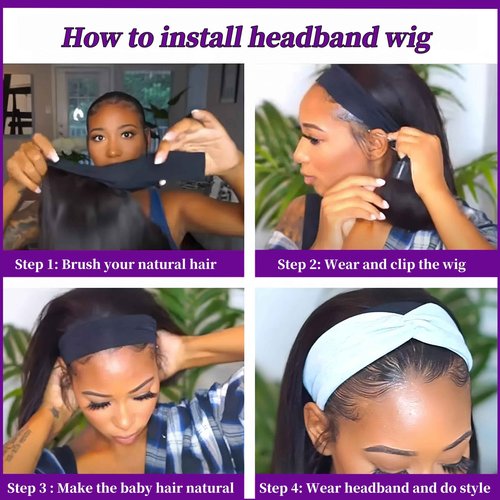 Headband Wigs for Black Women Human Hair Body Wave Head Band Wig 100% Brazilian Raw Human Hair Wear and Go Glueless Half Wigs 150% Density Machine Made Natural Color
