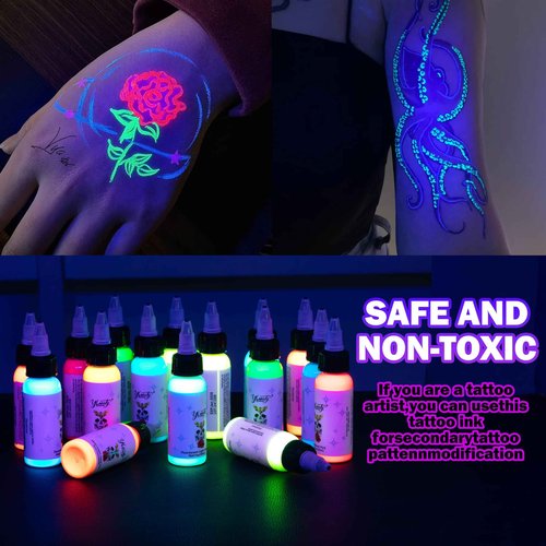 Tattoo Ink Set - Glow in Blacklight UV Tattoo Ink Kit, 16 Color 1oz Professional Tattoo Fluorescent Ink & Tattoo Equipment for Halloween Supplies (1 oz(30ml), 16Color)