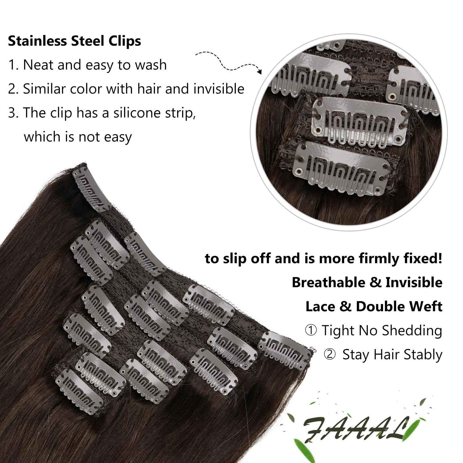 16 Inch Clip in Hair Extensions Real Human Hair 130g 7 Pieces 16 Clips #2 Dark Brown Hair Extensions Double Weft Human Hair Clip in Extension for Women