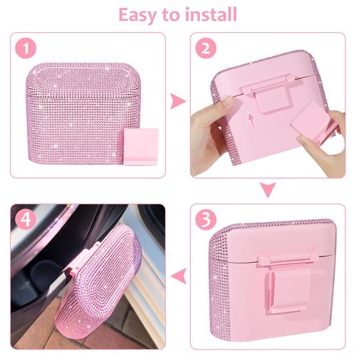 Accmor Bling Car Trash Can with Lid, Leak-Proof Mini Vehicle Trash Bin Automotive Dustbin Organizer Storage, Sparkling Crystal Trash Bag Container with 30pcs Garbage Bags for Car, Home, Office (Pink)