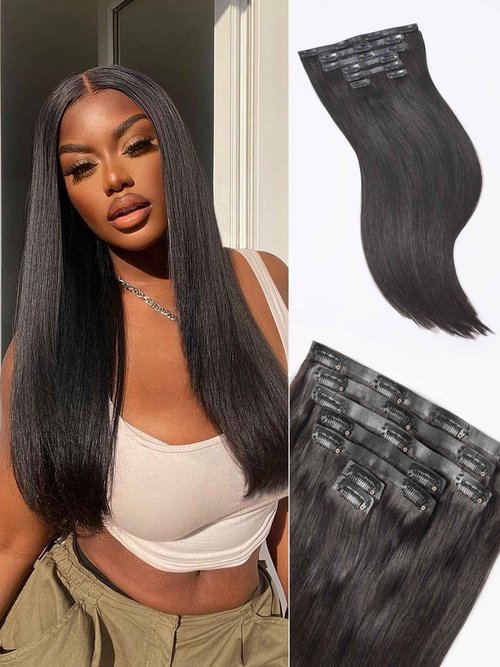 LUVME Yaki Straight Seamless 110g 7Pcs Clip in Hair Extensions Full Max with 18inch Remy Human Hair Extensions, Natural Black 100% Real Soft Hair