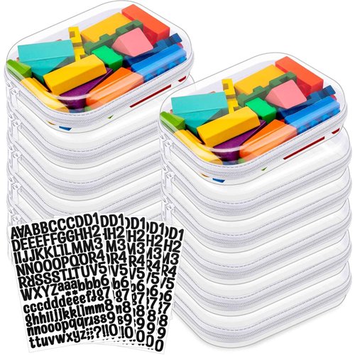 Qiyaz 12 Pcs Clear Hard Zipper Case Plastic Zipper Pouch with 5 Sheets Alphabet Stickers Double Toy Storage Organizer Makeup Case for Travel Building Blocks Puzzles Cosmetic(7.87 x 5.9 x 2”)