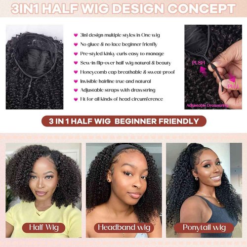 Kinky Curly Wig 200 Density 3 In 1 Seamless Flip Over Half Wigs Synthetic Hair Glueless Wear and Go Beginner Friendly Kinky Curly Wig Drawstring Headband Wig for Women 18 Inch