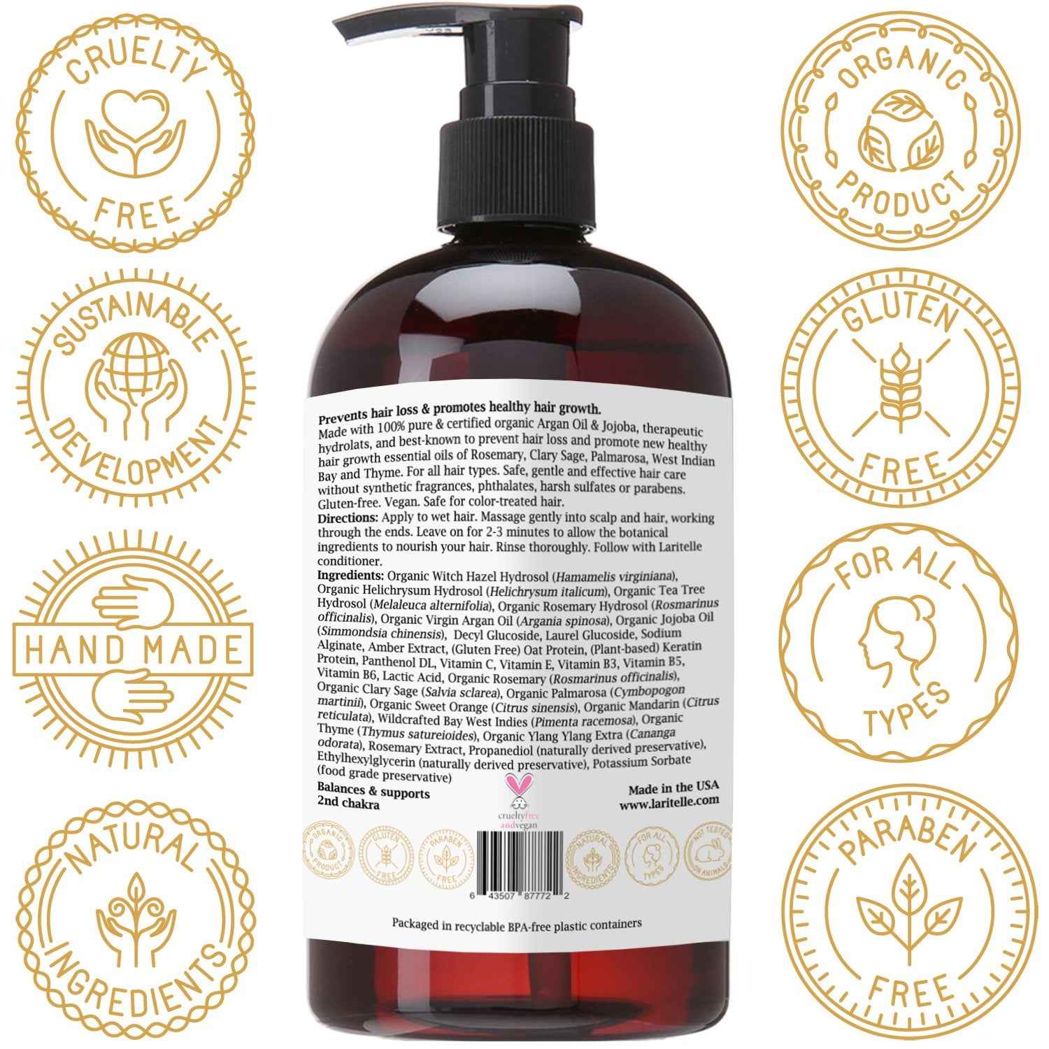 Laritelle Organic Shampoo 17.5 oz. Argan Oil, Rosemary, Palmarosa. Promotes Hair Growth, Prevents Hair Loss. GF