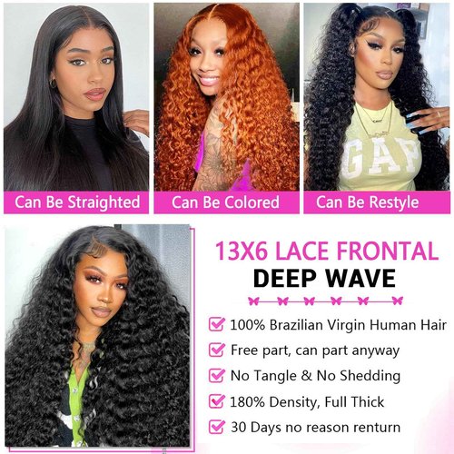 mmiQus Deep Wave Lace Front Wigs Human Hair 13x6 HD Lace Front Wigs Pre Plucked With Baby Hair 180% Density Curly Wigs for Black Women Natural Color 24 Inch