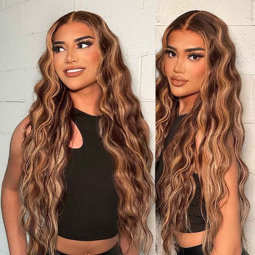 Hepnok Highlight Ombre Lace Front Wig Human Hair Body Wave 13x6 HD Lace Frontal Wigs Human Hair Pre Plucked 200 Density 4/27 Colored Honey Blonde Wig 26 Inch Glueless Wigs for Women