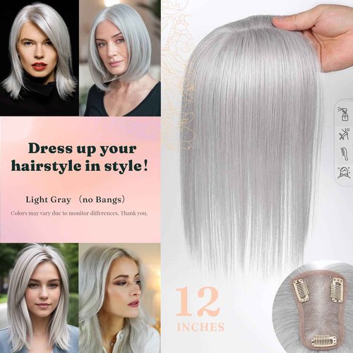 SHEIRIS Real Human Hair Topper 12 Inch Human Hair Toppers for Thinning Hair Hand-woven area 3.2"x4.3" Swiss Base Natural Hairpiece Wiglet for Women Daily Natural (#Light Gray)