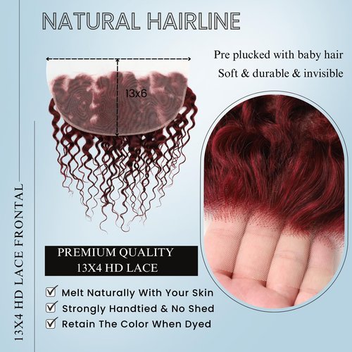 ALHER 99j Dark Burgundy Water Wave 13x6 HD Lace Frontal, 100% Unprocessed Virgin Remy Hair Pre Plucked With Baby Hair 12A Cherry Red Wine Color Wet n Wavy Curly Ear to Ear 13X6 Frontal Closure 16 Inch