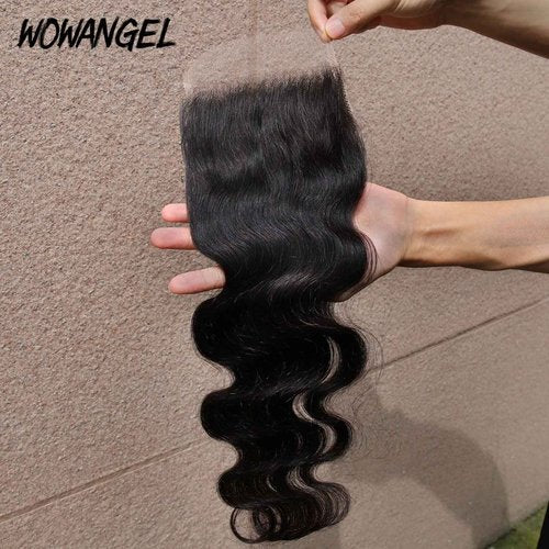 WOWANGEL 0.1mm Ultra-thin SKINLIKE Real HD Lace, 5x5 Body Wave Human Hair Closure Pre Plucked Invisible Swiss HD Lace Natural Hairline 12 Inch