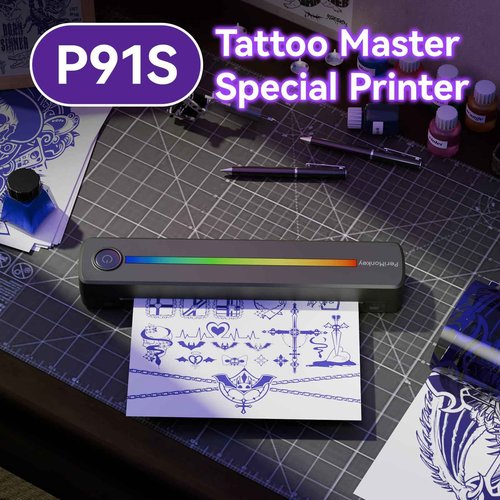 PeriMonkey P91s AI Tattoo Stencil Printer with Stencil Paper and Rainbow Light Strip,Wireless Thermal Tattoo Printer for Phone & PC