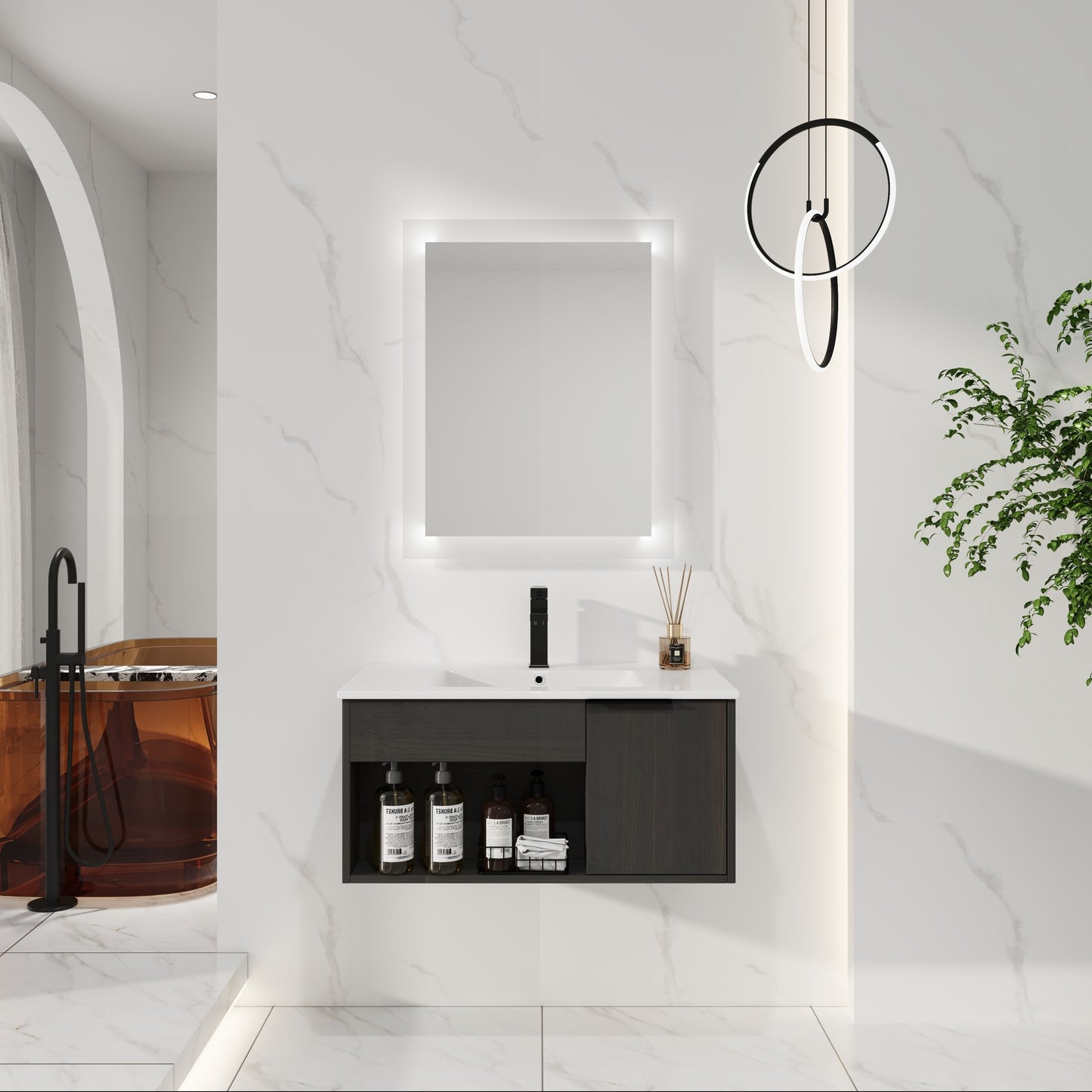 30-Inch Wall-Mounted Bathroom Vanity with Ceramic Sink - Dark Oak