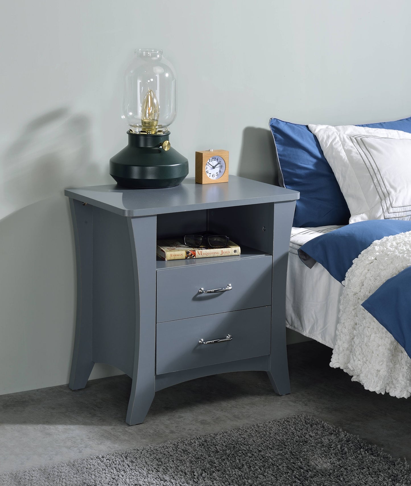 Gray Finish Accent Table with 2 Drawers and Open Compartment