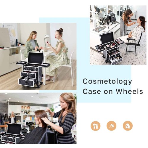 FRENESSA Professional Rolling Makeup Case Aluminum Trolley Train Case with 360° Swivel Wheels for Makuep Artist Travel Cosmetic Organizer with Sliding Drawers for Nail Tech Hairstylist Barber, Black