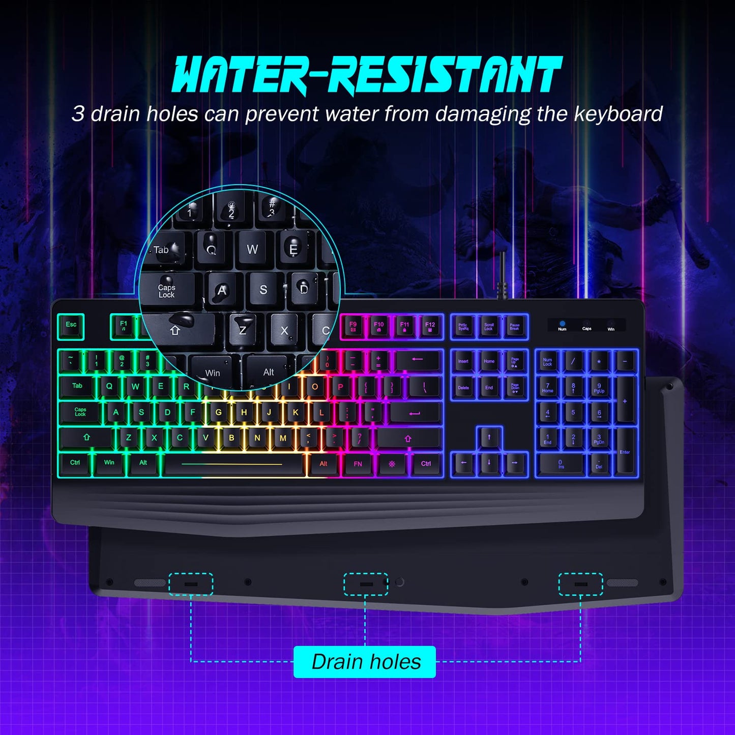 yesbeaut Gaming Keyboard, 7-Color Rainbow LED Backlit, 104 Keys Quiet Light Up Keyboard, Wrist Rest, Whisper Silent, Anti-ghosting Multimedia Keys, Waterproof USB Wired Keyboard for PC Mac Xbox