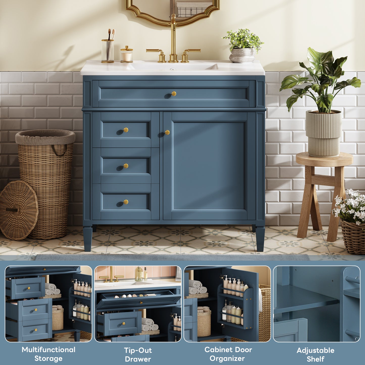 36-Inch Indigo Blue Modern Bathroom Vanity with Sink