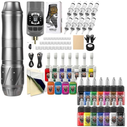 Wireless Tattoo Kit Tattoo Gun Rotary Tattoo Machine+ Tattoo Ink Set 1/2 oz (15ml) Tattoo Supply 14 Colors