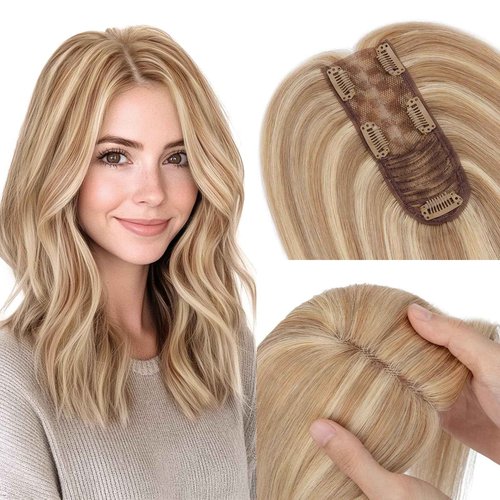 Hairro Human Hair Topper without Bangs, Clips on 360° 3D Cover Real Hairpieces Lightweight, 2.25"x6" Base for Women with High Hairline/Thinning Hair, 14 Inch Golden Brown Mix Bleach Blonde No Bangs