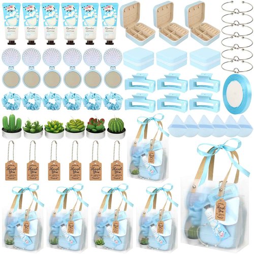 Acmee Baby Shower Prizes for Winners Gifts Headband Hair Brush Jewelry Box Plants Candles Bracelet Hand Cream Compact Powder Puff Hair Claw ribbon Gift Bag Beaded Necklace Bridal Shower(6 Sets-Blue)