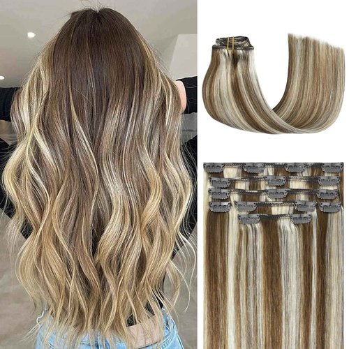 Honsoo Upgraded Clip In Hair Extensions Balayage Real Human Hair Clip Ins Light Brown To Blonde Highlights Soft Straight For Women 85g 18in 7pcs