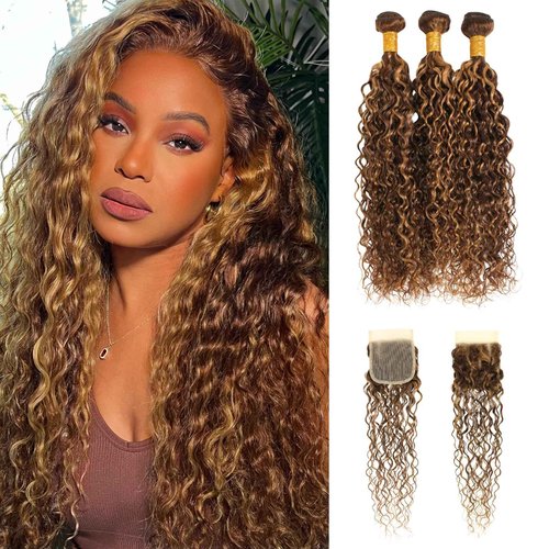 ALHER Water Wave P4/27 Balayage Human Hair Bundles with 4x4 Closure, 12A Honey Blonde Highlight Brown Colored Wet and Wavy Bundles 100% Virgin Remy Curly 10 12 14+10 4x4 HD Closure