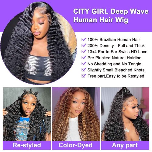 CITY GIRL Deep Wave Lace Front Wigs Human Hair Pre Plucked 13x4 Hd Transparent Lace Frontal Deep Curly Wet And Wavy Human Hair Wig For Women 200 Density 26 Inch