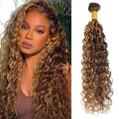 ALHER Honey Blonde Highlight Water Wave Bundles 26 Inch P4/27 Ombre Single Bundles Wet and Wavy Bundles Human Hair Highlight Brown Color 12A 100% Brazilian Virgin Remy Hair for Black Women Soft Thick