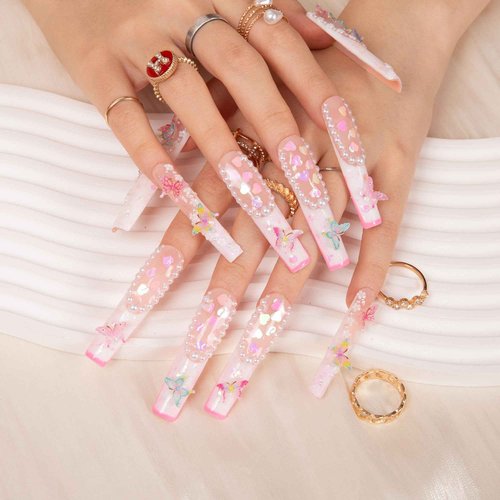LOVFUL Press on Nails Tipsy Butterfly | Handmade with Full Covered Crystals | Reusable Full Cover Nails | Square Long 2.2 in | H184-M