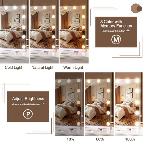 halumao Vanity Makeup Mirror with Lights, Light Up Mirror with Smart Touch 3 Colors Dimmable, Memory Function