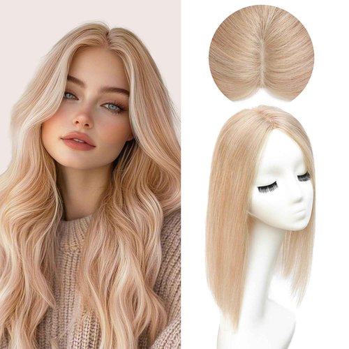 viviaBella Hair Toppers no Bangs, Natural-Looking Clip in Real Human Hair Toupee for Women with Thinning Hair Hand-tied Mono Swiss Lace Base Big Coverage 12 Inch Hairpieces (613-10-14H, 4.7"X4.3")
