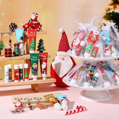 Henoyso 50 Set Christmas Hand Cream Bulk and Lip Balm Bulk Xmas Holiday Gifts Favors with Organza Bag Thank You Card and Acrylic Keychains Thank You Gift Set Bulk Christmas Stuffers Party Supplies