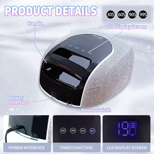 Kicylicy UV LED Nail Lamp,96W Rechargeable Cordless Nail Lamp Gel Polish UV Nail Lamp,Diamond Professional Curing Lamp with 4 Timer Setting,Handle,Big Display Auto Sensor for Salon & Home
