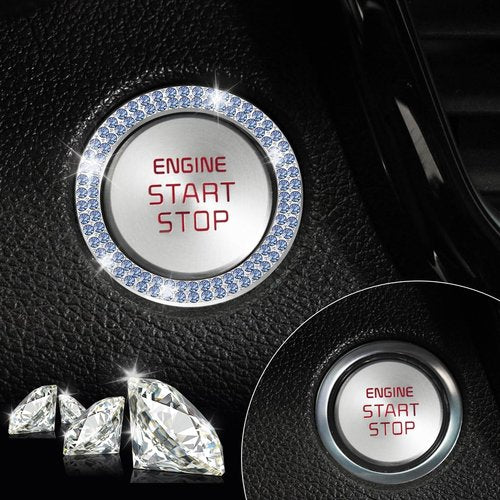 LivTee 2 PCS Crystal Double Rhinestone Car Engine Start Stop Decoration Ring, Bling Car Interior Accessories for Women, Push to Start Button Cover Sticker, Automotive Decals, Light Blue