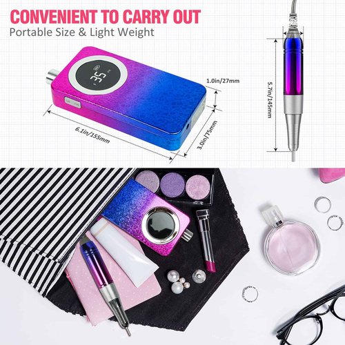 Ecagewill Portable 35000RPM Nail Drill Machine Gradient Color Electric Nail File with TFT Display Rechargeable Efile Professional Nail Drills for Gel Nails for Manicure Pedicure