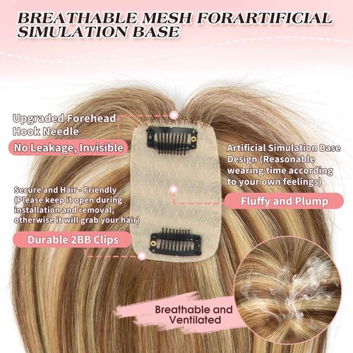 isheeny Human Hair Topper for Women 14Inch Real Human Hair Toppers For Changing Your Look, Brown Highlight Honey Natural Hair Pieces for Women With Artificial Base & 2 Secure Clips