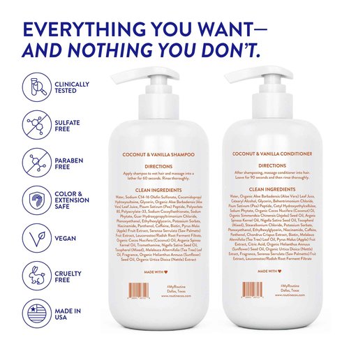 Routine Wellness Shampoo and Conditioner Set and Hair Serum for Thinning Hair - DHT Blocker Women & Men - Color Safe Shampoo for Hair Loss & Healthier Hair - Coconut & Vanilla Set + Serum