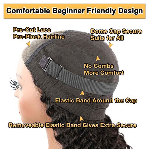Domiso Glueless Deep Wave Lace Front Wig, 100% Brazilian Human Hair, Medium Size, Removable Elastic Band, No Shedding, No Tangle, No Glue, No Gel, Easy Wear, Comfortable, Fast Delivery