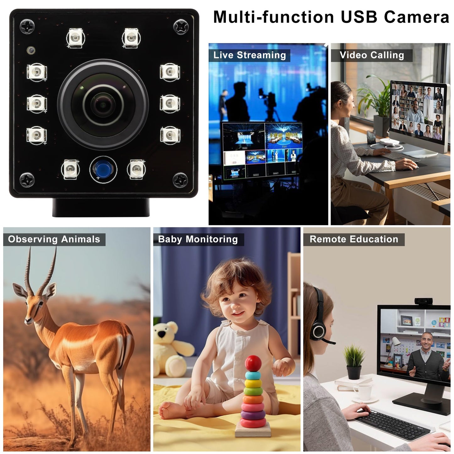1080P HD High Speed USB Camera Day & Night Vision Webcam with IR LEDs for Park Monitor, 170° Wide Angle Fisheye Lens Camera with OV2710 Sensor, 30fps/60/120fps Plug & Play for Home Surveillance