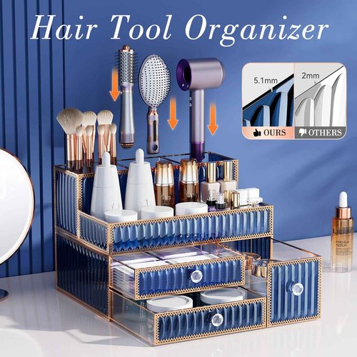 Youdepot Makeup Organizer Blue - Tempered Glass Vanity Organizer for Cosmetics, Skincare, Hair Tools, Brushes, Perfume - Multipurpose Bathroom Counter Skincare Organizer