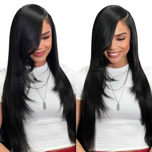 Synthetic Lace Front Wig 13x6 HD Glueless Lace Frontal Wig Pre Plucked Hairline with Baby Hair Long Yaki Straight Layered Lace Wigs for Black Women Daily Use (Natural Black, 24 Inch)