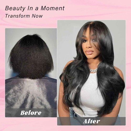 Doiwile 13x6 HD Lace Curtain Bangs Wig Human Hair 200% Density PartingMax Lace Wigs Bouncy Loose Wave Lace Front Wigs Human Hair Pre Cut Plucked Lace Frontal Glueless (Black Color, 16”)