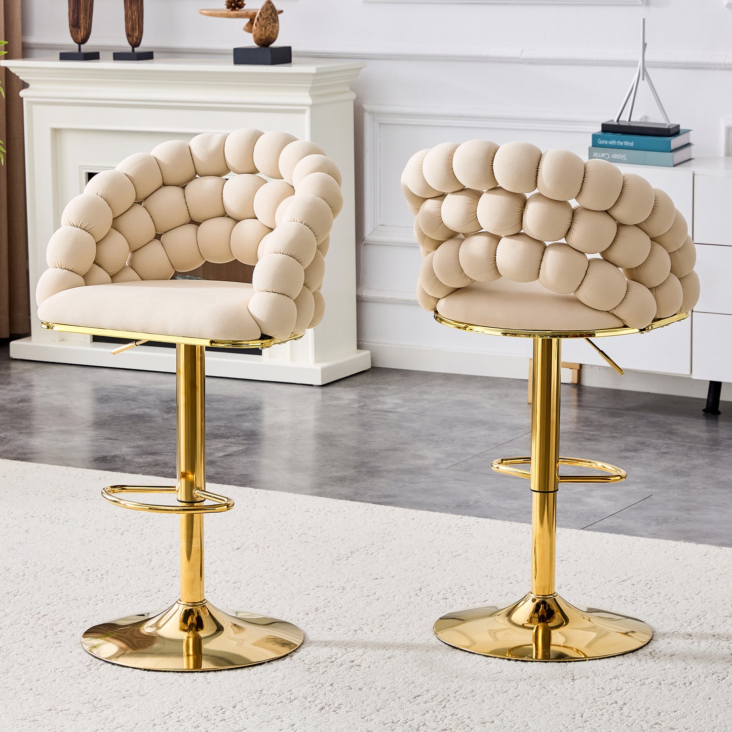 Set of 2 Beige Velvet Bubble Bar Stools with Gold Legs