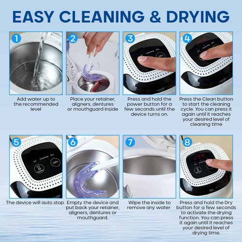 PureRadiance Ultrasonic Retainer Cleaner with Dryer Fan, 45kHz, 3 Cleaning & Drying Modes, 180ml Capacity – Ideal for Retainers, Aligners, Night Guards, Braces, Toothbrushes, & Jewelry (White)