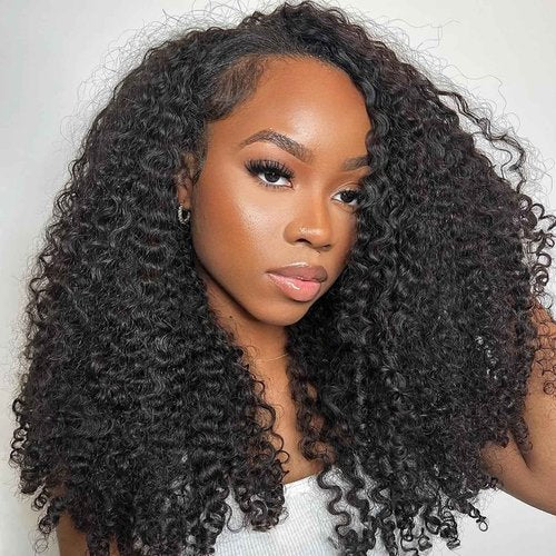 Kinky Curly Half Wig Human Hair 200 Density 3 In 1 Seamless Flip Over Half Wigs Wear Go Glueless Wigs Human Hair for Women Curly Half Wig Human Hair Drawstring Headband Wig Beginner Friendly 18 Inch