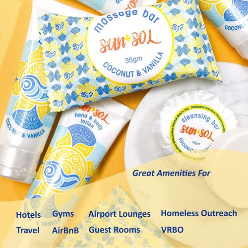 World Amenities Sun + Sol Bulk Moisturizing Massage Bar with Warm Coconut & Vanilla Fragrances, Sachet Wrapped Travel Size Toiletries, Mini Hotel Amenities, 1.23 oz (300 Pack)