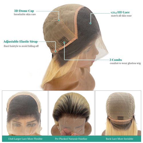 Munx Blonde Wear and Go Glueless Wig Human Hair 13x4 HD Lace Front Wigs for Women 180% Density Pre Plucked with Baby Hair Colored Straight Ombre Blonde 1b613 Lace Wigs 16 Inch