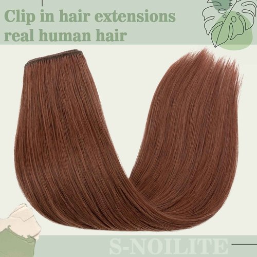 S-noilite Clip in Hair Extensions Human Hiar Clip in Short Human Hair Auburn Hair Standard Weft 100% Real Human Hair Full Head 8 Pieces 18 Clips Silky Soft 13 Inch-80g Dark Auburn (#33)