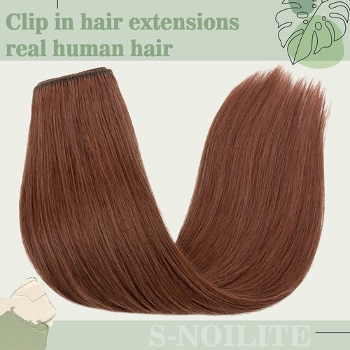 S-noilite Clip in Human Hair Extensions Auburn Hair Clip in Hair Extensions Standard Weft 100% Real Human Hair Full Head 8 Pieces 18 Clips Silky Soft 16 Inch-90g (#Dark Auburn (#33))