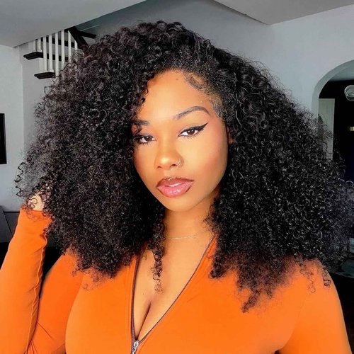 OZQKB 12A 220% Density Kinky Curly Half Wig Human Hair 3 In 1 Seamless Flip Over Half Wigs Wear Go Glueless Wigs Human Hair With Drawstring Beginner Friendly Headband Wig Human Hair For Women 18 Inch